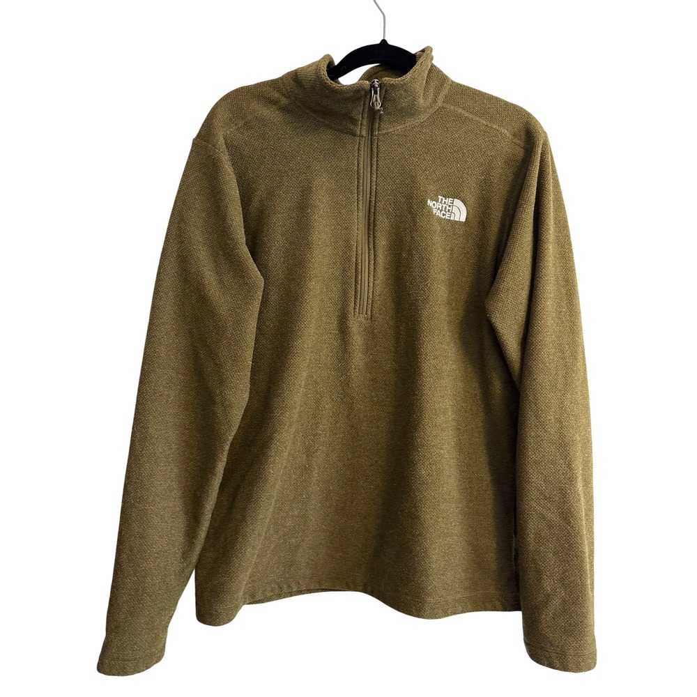 The North Face Mens Olive Green Waffle Textured Quarter Zip Fleece Pullover SZ M